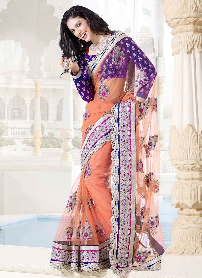 fascinating peach color net embroidred saree 800x1100 - Banarasi Saree Design Ideas Pictures Gallery