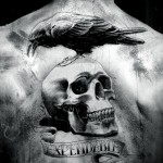 black crow and skull tattoo on man upperback 150x150 - 100's of Skull Tattoo Design Ideas Picture Gallery