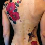 red flowers and bird tattoo on full back 150x150 - 100's of Birds Tattoo Design Ideas Picture Gallery